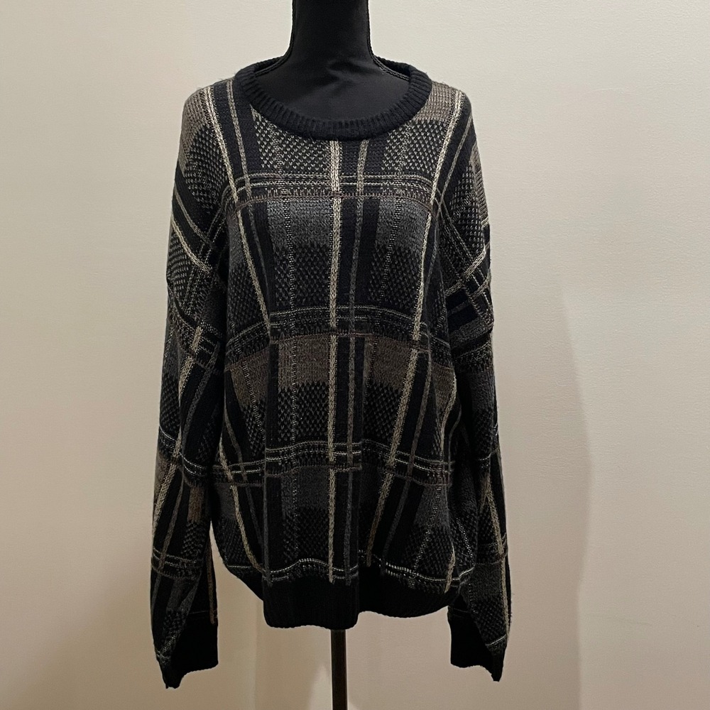 Geoffrey Beene Classics Mens XL Plaid Crewneck Sweater Acrylic Black‎ Gray Tan